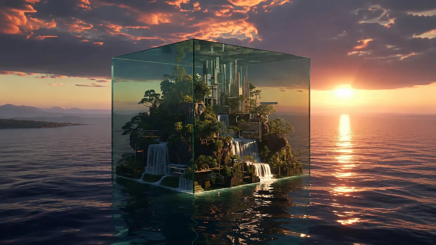 Futuristic glass cube city at sunset generated with Grok Image 2.0