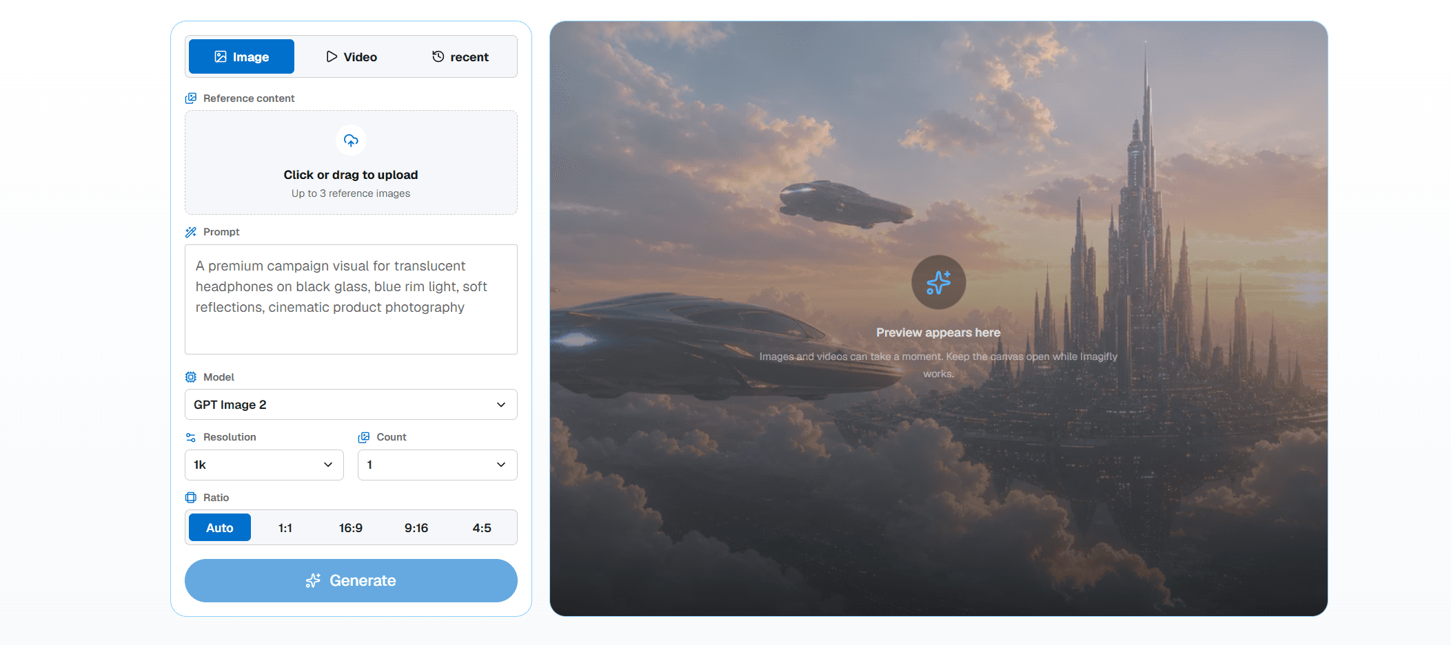Imagifly AI image and video generator workspace preview with a floating future city
