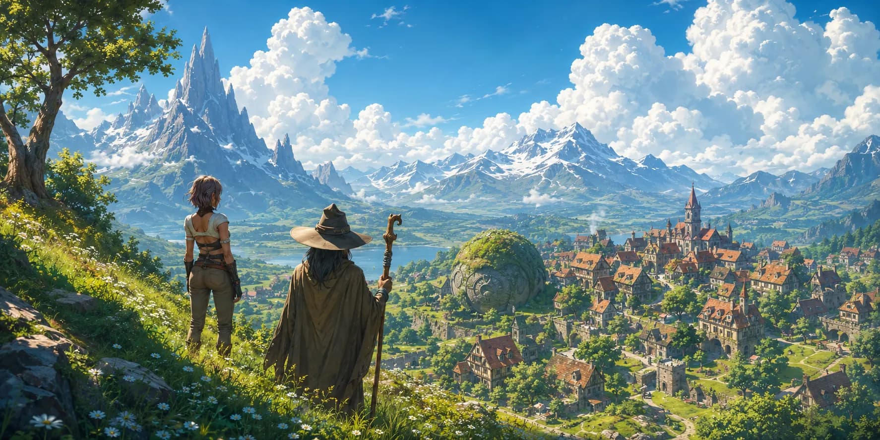 Imagifly AI image generator sample: two fantasy adventurers overlooking a medieval valley at sunrise